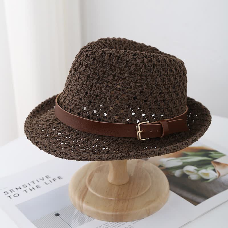 Klassischer Fedora-Hut aus Stroh im britischen Stil mit Lederriemen für Herren
