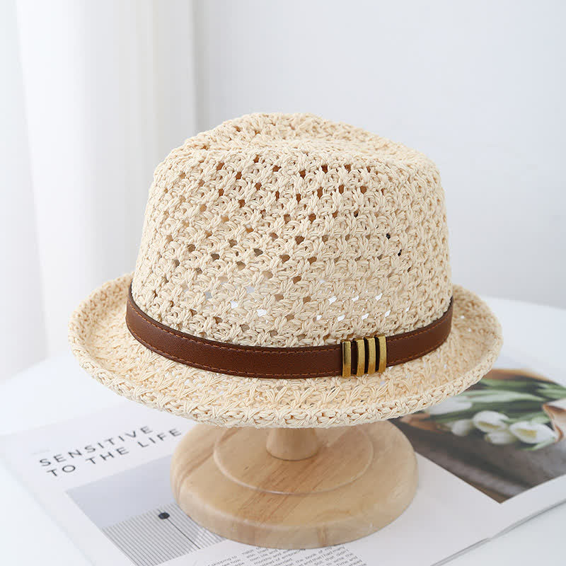 Faltbarer Fedora-Hut aus Stroh mit Lederriemen für Herren, für den Sommer