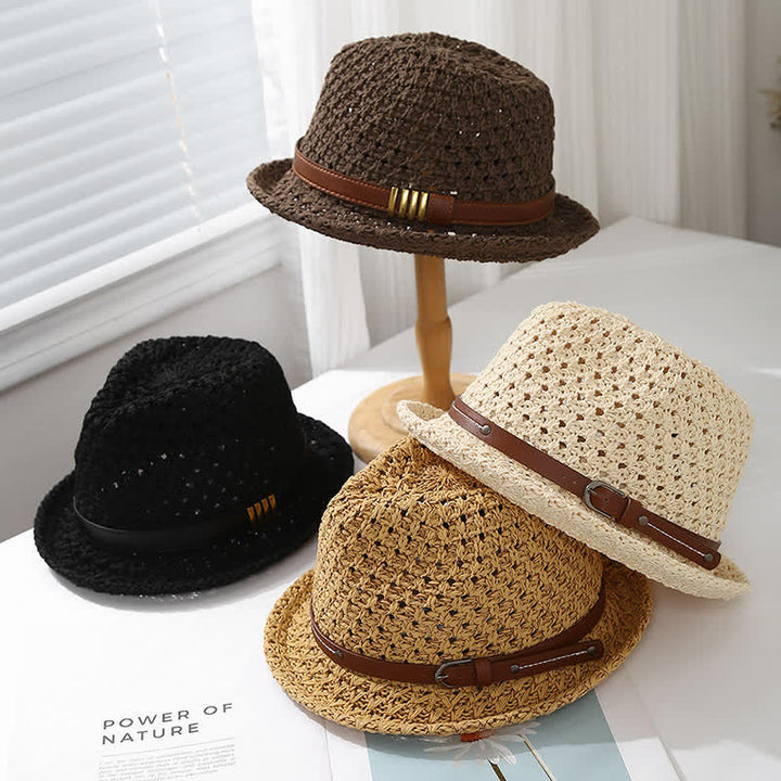 Faltbarer Fedora-Hut aus Stroh mit Lederriemen für Herren, für den Sommer