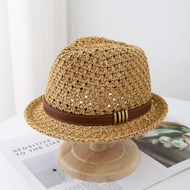 Faltbarer Fedora-Hut aus Stroh mit Lederriemen für Herren, für den Sommer