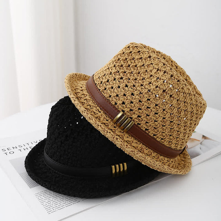 Faltbarer Fedora-Hut aus Stroh mit Lederriemen für Herren, für den Sommer