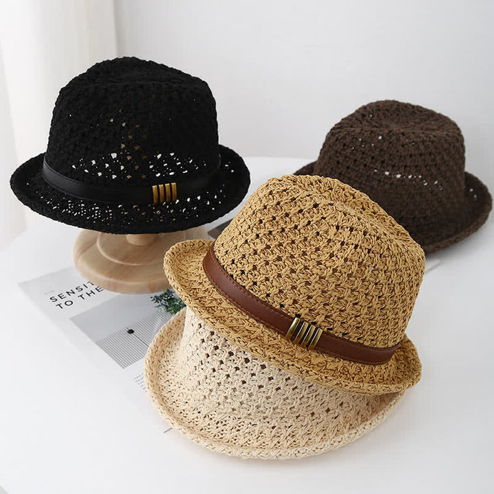 Faltbarer Fedora-Hut aus Stroh mit Lederriemen für Herren, für den Sommer