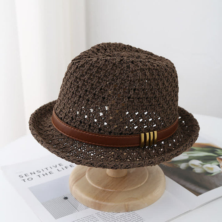 Faltbarer Fedora-Hut aus Stroh mit Lederriemen für Herren, für den Sommer