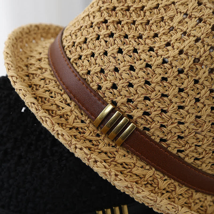 Faltbarer Fedora-Hut aus Stroh mit Lederriemen für Herren, für den Sommer