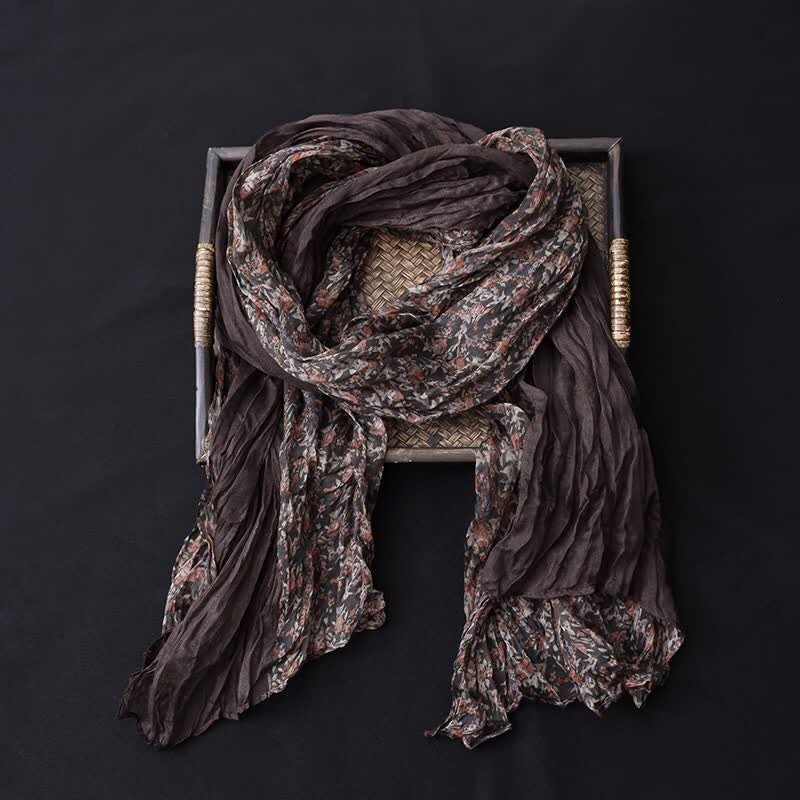 Dünner Damenschal aus Baumwollleinen mit Blumenmuster und Patchwork - Kaffee - image 1