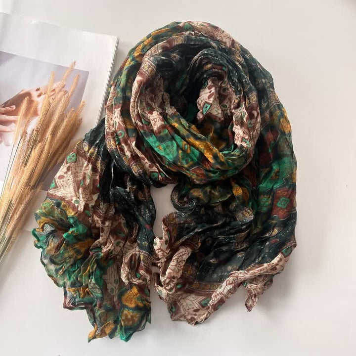 Dünner Herbstschal aus plissiertem Baumwollleinen im Ethno-Stil für Damen