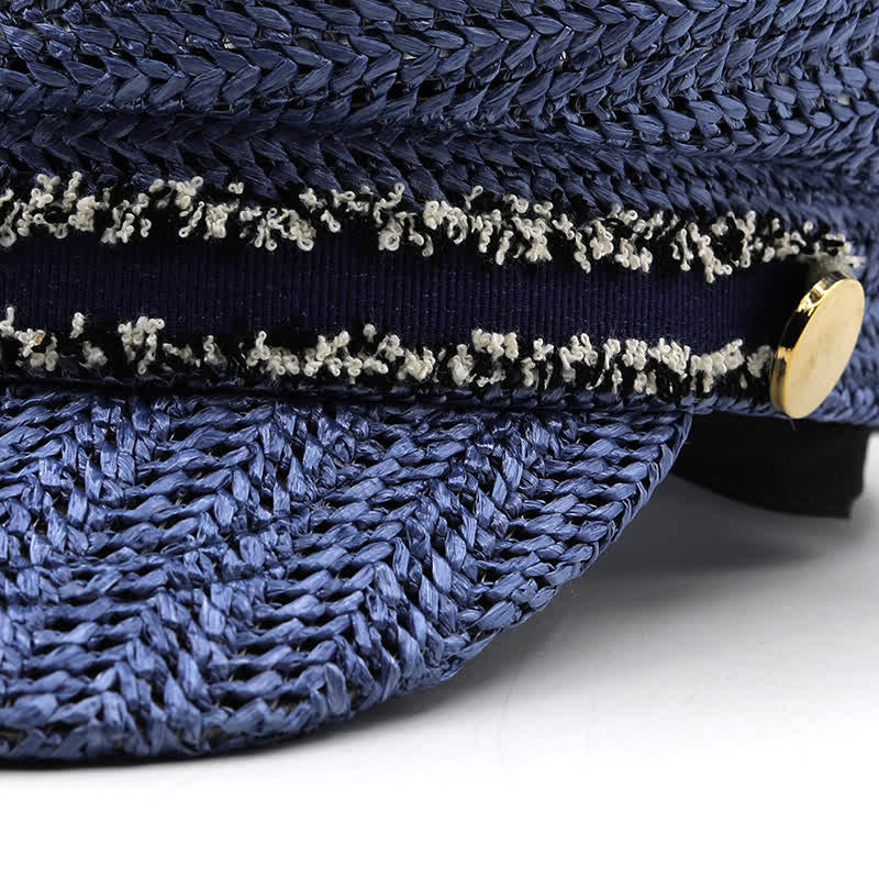 Damen Flache Marineblaue Baskenmütze aus gehäkeltem Stroh