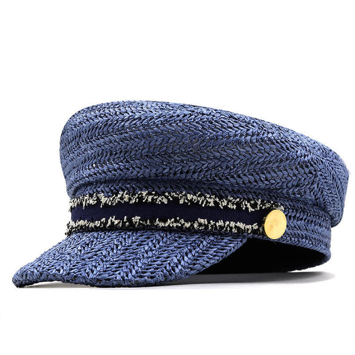 Damen Flache Marineblaue Baskenmütze aus gehäkeltem Stroh