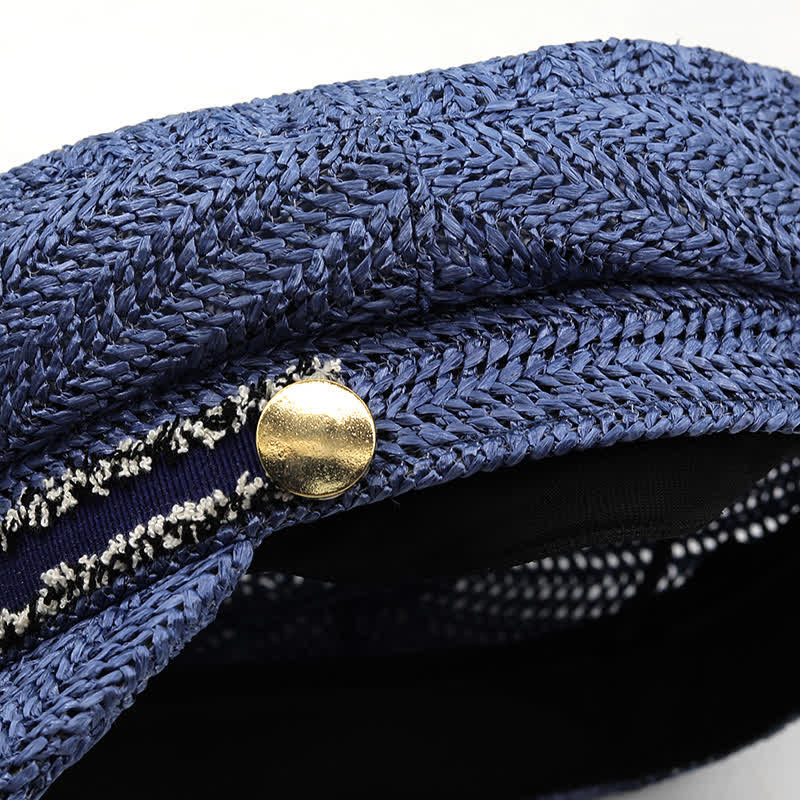 Damen Flache Marineblaue Baskenmütze aus gehäkeltem Stroh