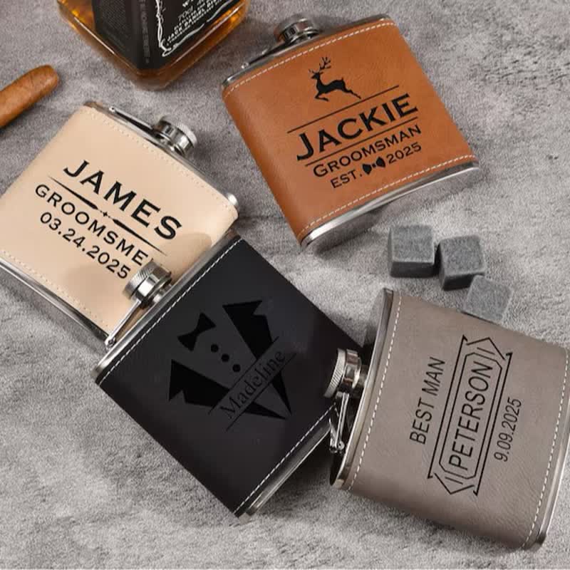 6 oz personalisierter, gravierter tragbarer Flachmann aus Leder