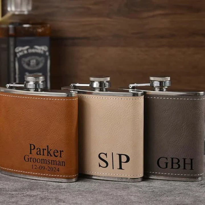 6 oz personalisierter, gravierter tragbarer Flachmann aus Leder