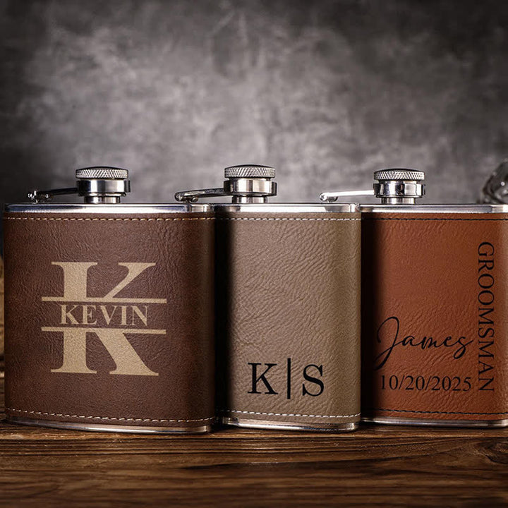 6 oz personalisierter, gravierter tragbarer Flachmann aus Leder