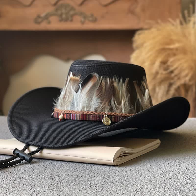 Western-Cowboyhut im Ethno-Stil mit großer Krempe und Federband - Schwarz - M (22"-22 7/8") - image 1