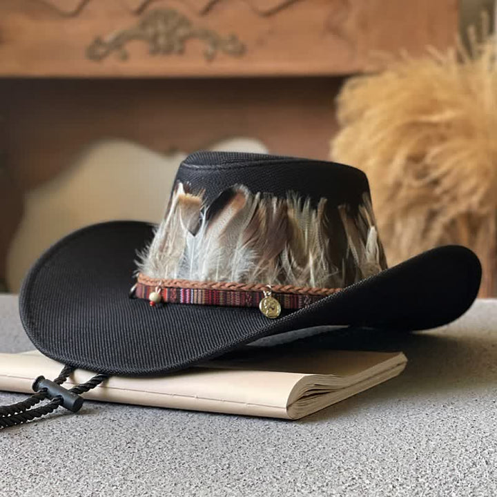 Western-Cowboyhut im Ethno-Stil mit großer Krempe und Federband - Schwarz - M (22"-22 7/8") - image 1