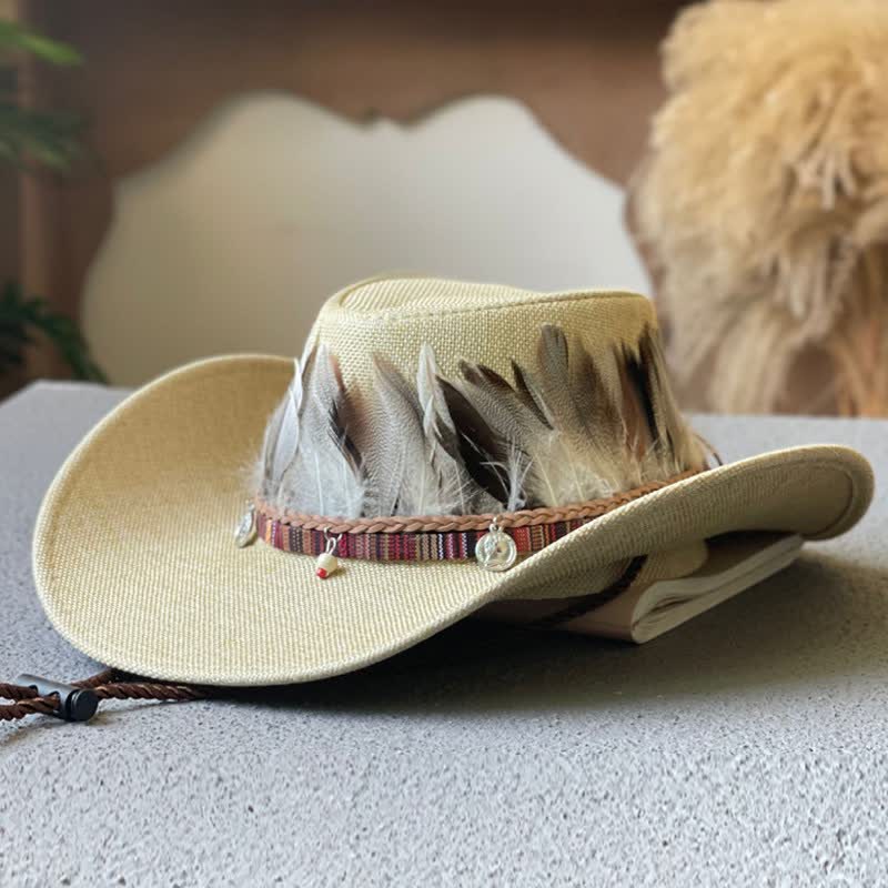 Western-Cowboyhut im Ethno-Stil mit großer Krempe und Federband - Beige - M (22"-22 7/8") - image 2