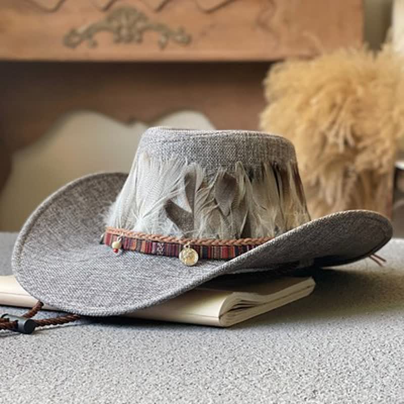 Western-Cowboyhut im Ethno-Stil mit großer Krempe und Federband - Grau - M (22"-22 7/8") - image 5
