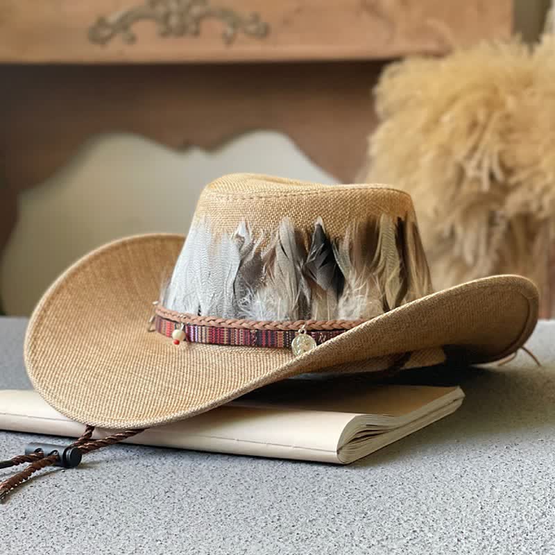 Western-Cowboyhut im Ethno-Stil mit großer Krempe und Federband - Kamel - M (22"-22 7/8") - image 3