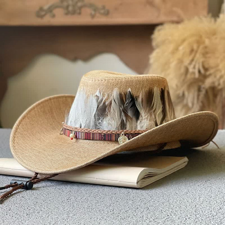 Western-Cowboyhut im Ethno-Stil mit großer Krempe und Federband - Kamel - M (22"-22 7/8") - image 3