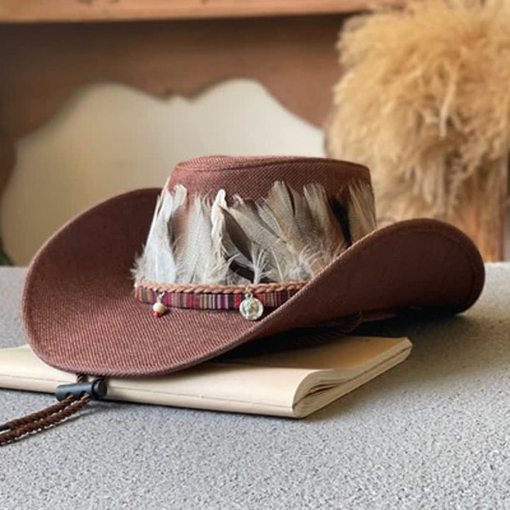 Western-Cowboyhut im Ethno-Stil mit großer Krempe und Federband - Dunkler Kaffee - M (22"-22 7/8") - image 4