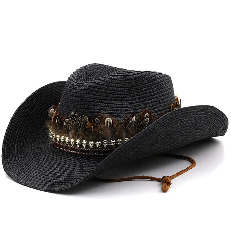 Sommerlicher Cowboyhut aus Stroh mit Federband - Schwarz - M (22"-22 7/8") - image 10