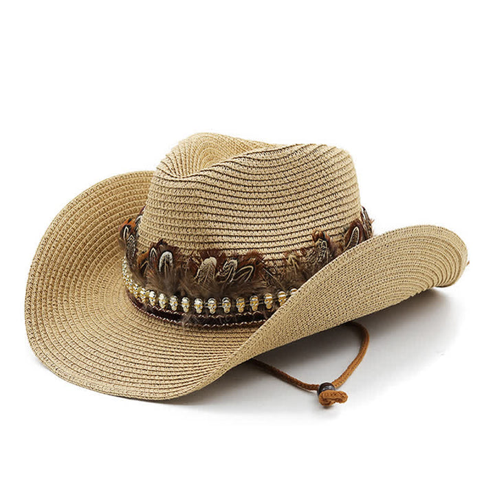Sommerlicher Cowboyhut aus Stroh mit Federband - Khaki - M (22"-22 7/8") - image 0