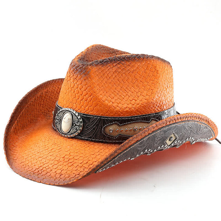 Vintage Cowboyhut aus Stroh mit Blumenschnalle und Sprühfarbe - Orange - M (22"-22 7/8") - image 10