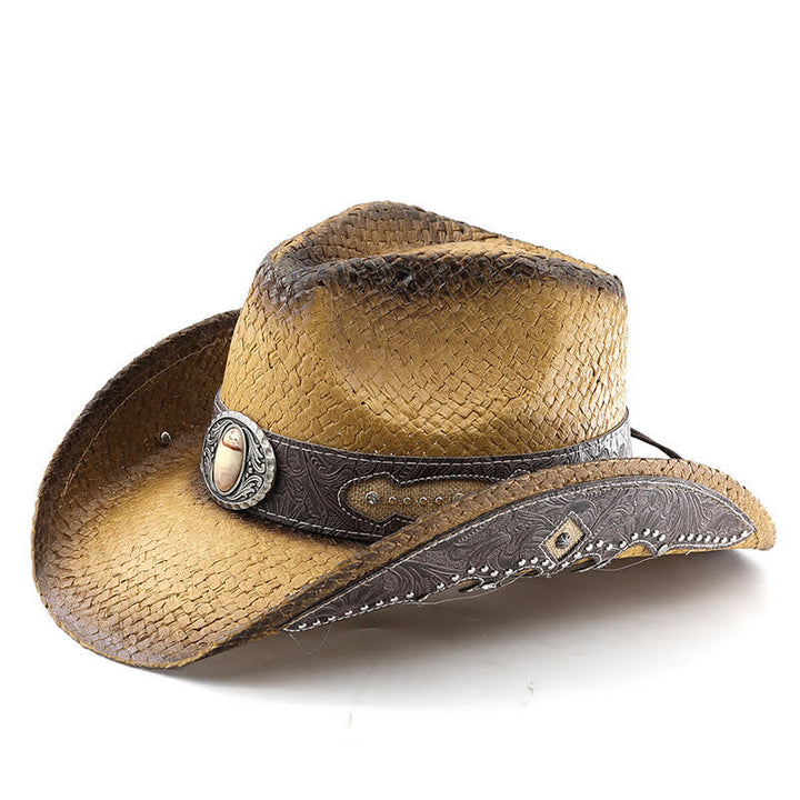 Vintage Cowboyhut aus Stroh mit Blumenschnalle und Sprühfarbe - Khaki - M (22"-22 7/8") - image 3