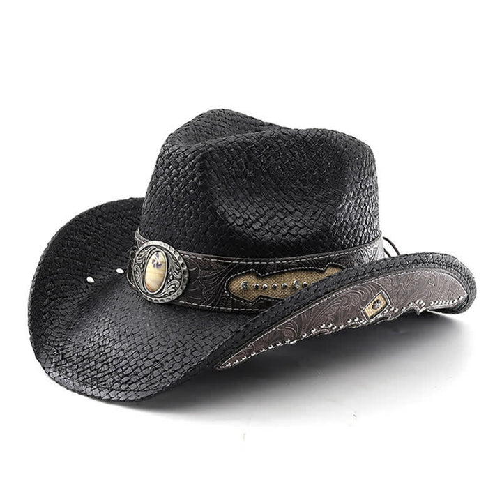 Vintage Cowboyhut aus Stroh mit Blumenschnalle und Sprühfarbe - Schwarz - M (22"-22 7/8") - image 0