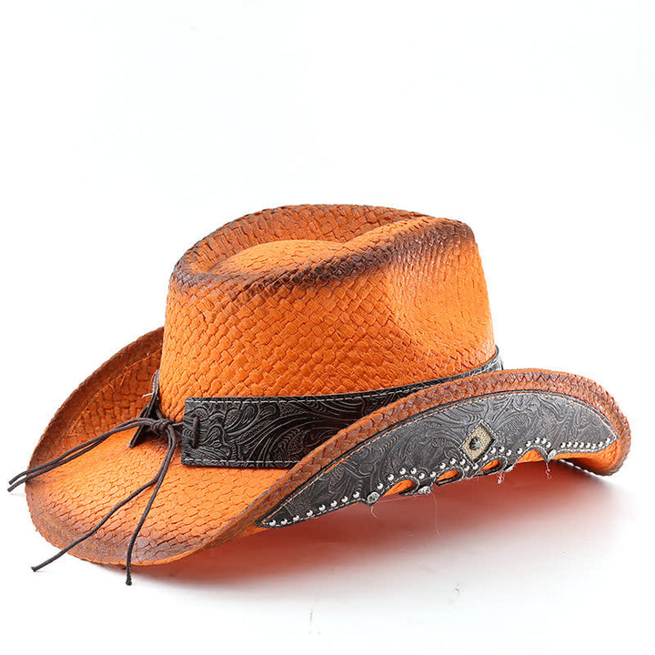 Vintage Cowboyhut aus Stroh mit Blumenschnalle und Sprühfarbe - image 12
