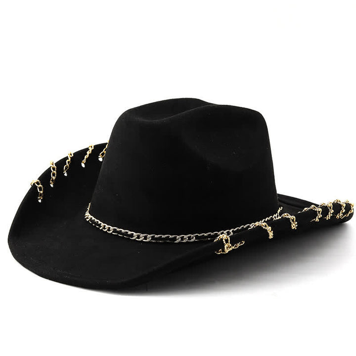 Punk-Cowboyhut mit goldener Metallkette und ganzjährigem Wildleder-Samt
