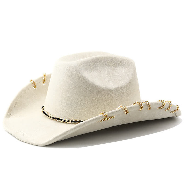 Punk-Cowboyhut mit goldener Metallkette und ganzjährigem Wildleder-Samt - Elfenbein - M (22"-22 7/8") - image 10