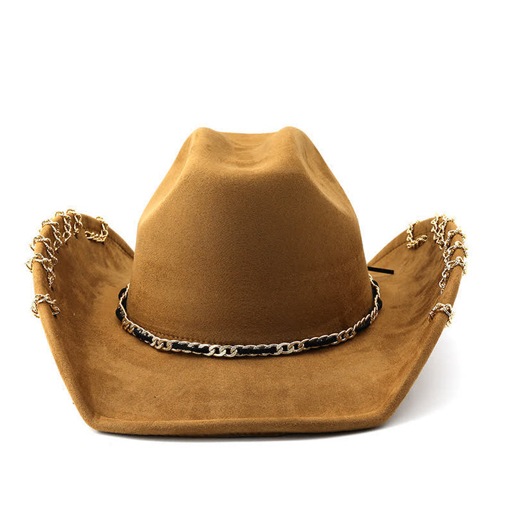 Punk-Cowboyhut mit goldener Metallkette und ganzjährigem Wildleder-Samt