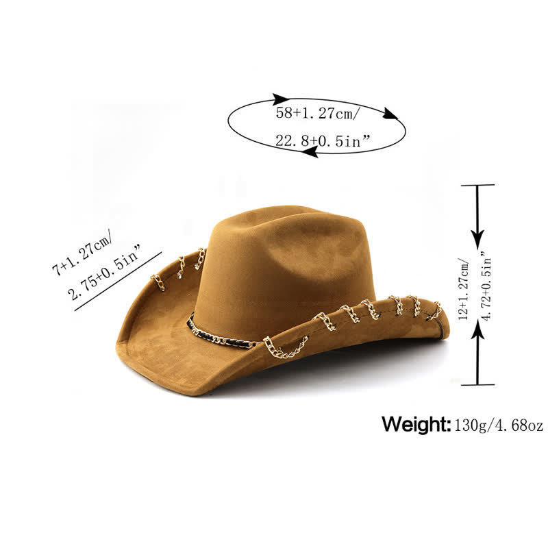 Punk-Cowboyhut mit goldener Metallkette und ganzjährigem Wildleder-Samt