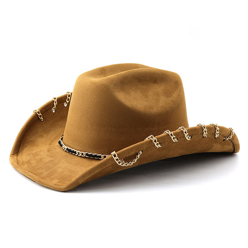 Punk-Cowboyhut mit goldener Metallkette und ganzjährigem Wildleder-Samt - Dunkles Khaki - M (22"-22 7/8") - image 0