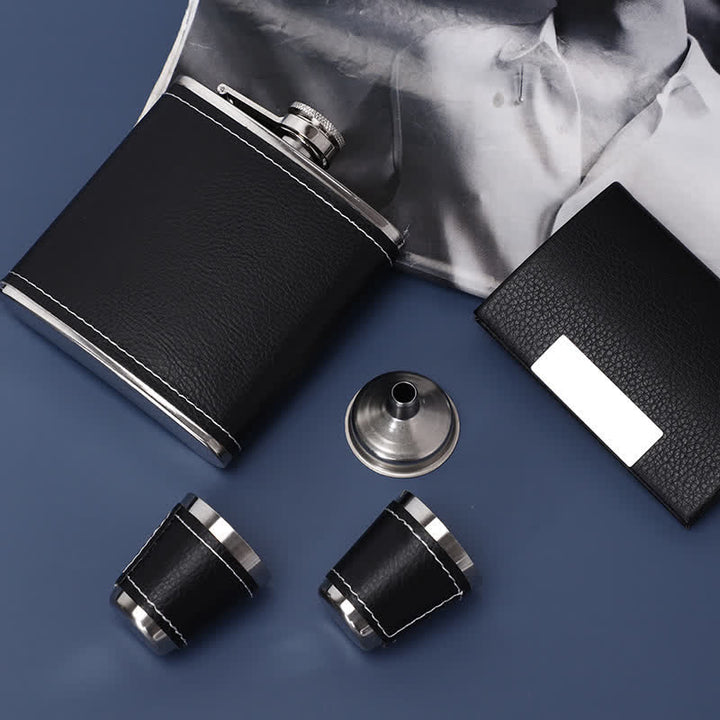5-teiliges edles 6-oz-Geschenkset mit schwarzer Lederfurniertasse und Flachmann