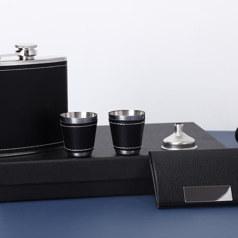 5-teiliges edles 6-oz-Geschenkset mit schwarzer Lederfurniertasse und Flachmann