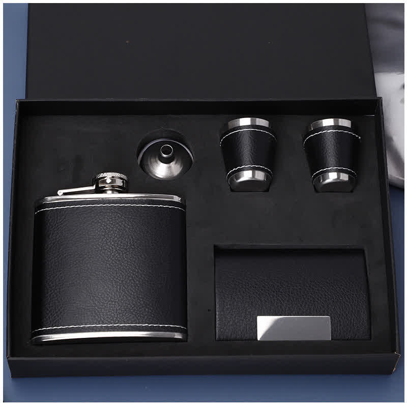 5-teiliges edles 6-oz-Geschenkset mit schwarzer Lederfurniertasse und Flachmann
