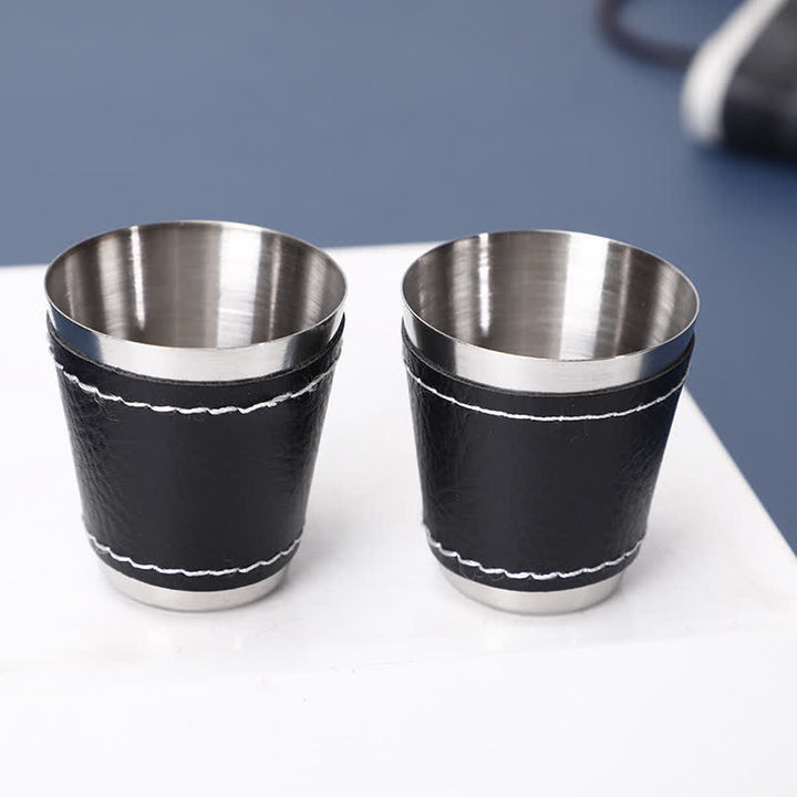 5-teiliges edles 6-oz-Geschenkset mit schwarzer Lederfurniertasse und Flachmann
