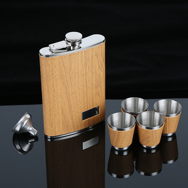 6-teiliges Geschenkset mit Tasse und 9-oz-Flasche aus Holzmaserung und Lederfurnier