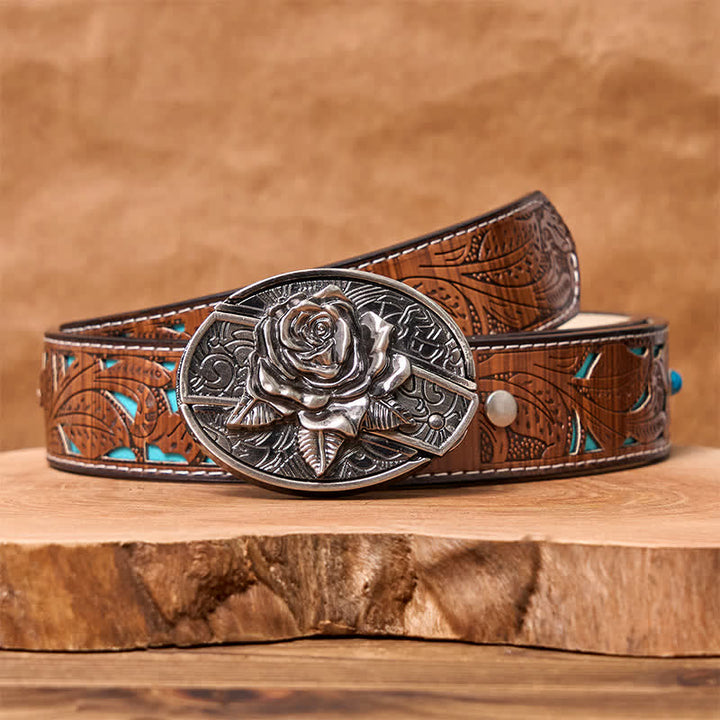 Herren DIY Western Rose Verstecktes Klappmesser Ledergürtel - Westliche Rose - Türkisfarbener, geschnitzter Gürtel - 42 - image 5
