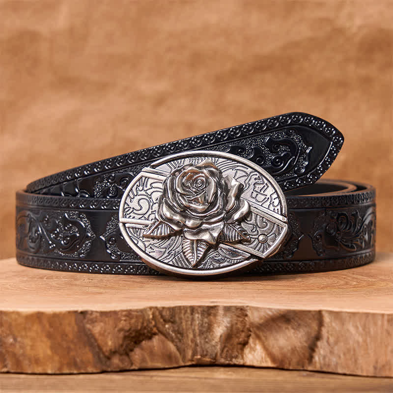 Herren DIY Western Rose Verstecktes Klappmesser Ledergürtel - Westliche Rose - Schwarzer geschnitzter Gürtel - 42 - image 8