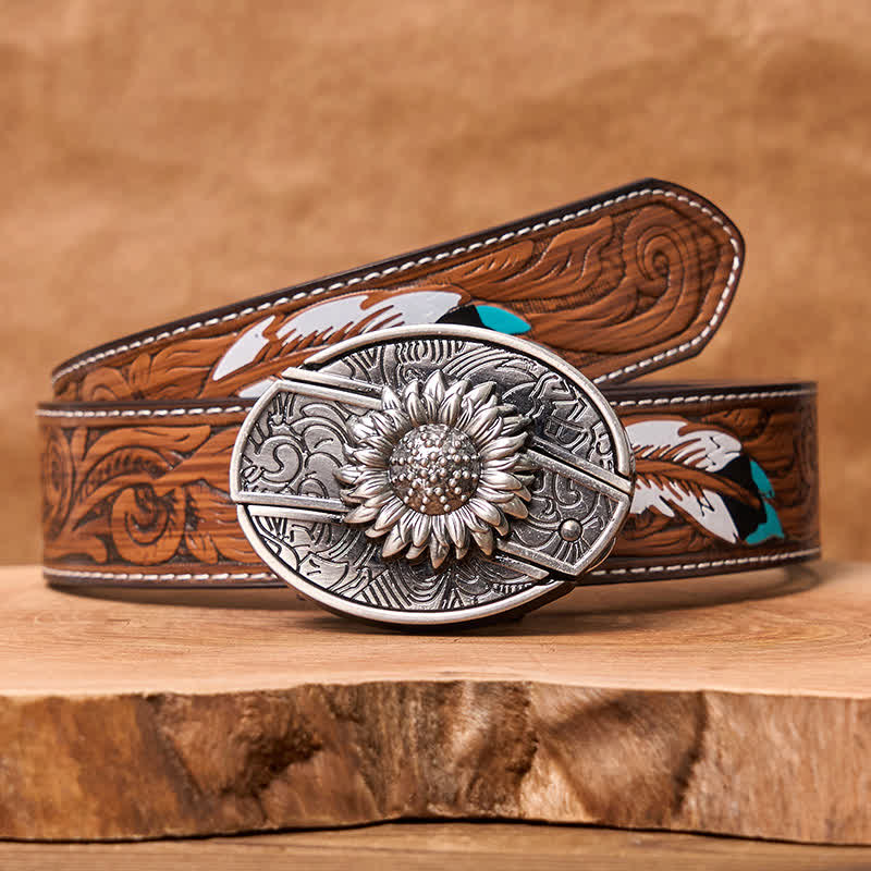 DIY-Ledergürtel für Herren mit verstecktem Klappmesser und Sonnenblumenmotiv - Sonnenblume - Brauner Federgürtel - 40 - image 10