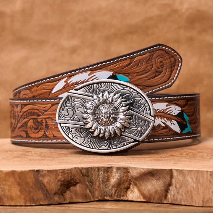DIY-Ledergürtel für Herren mit verstecktem Klappmesser und Sonnenblumenmotiv - Sonnenblume - Brauner Federgürtel - 40 - image 10