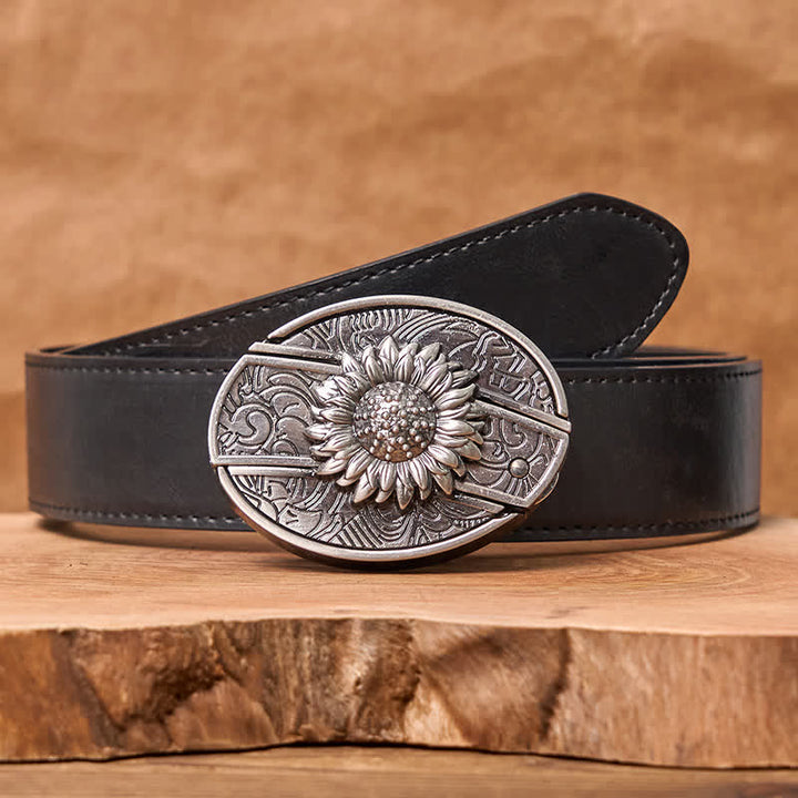 DIY-Ledergürtel für Herren mit verstecktem Klappmesser und Sonnenblumenmotiv - Sonnenblume - Schwarzer PU-Gürtel - 42 - image 5