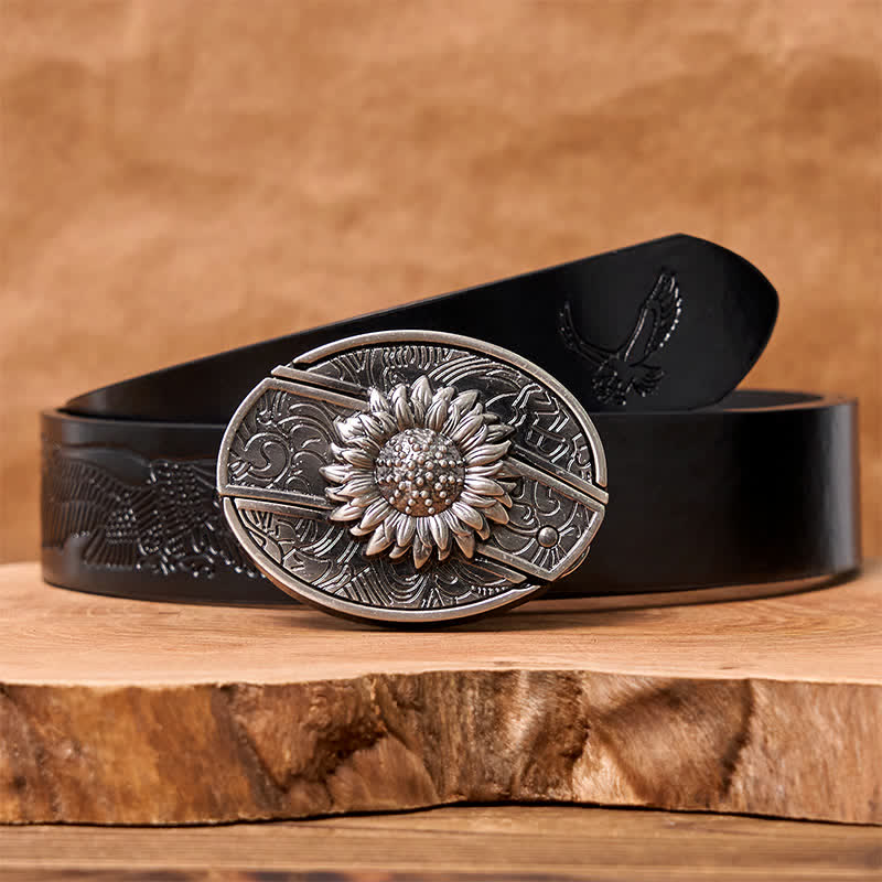 Herren DIY Sonnenblumen-Klappmesser-Ledergürtel - Sonnenblume - Schwarzer Gürtel mit geprägtem Adler - 42 - image 9