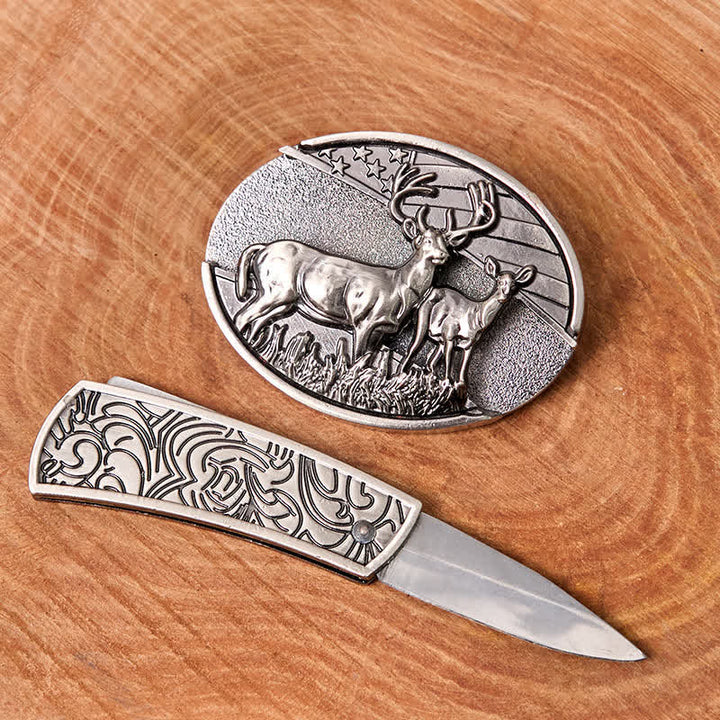 Herren DIY Hirschflagge Verstecktes Klappmesser Ledergürtel