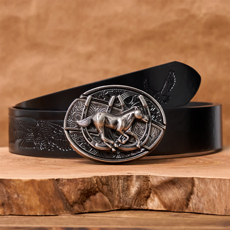 Herren DIY Galoppierendes Pferd Verstecktes Klappmesser Ledergürtel - Galoppierendes Pferd - Schwarzer Gürtel mit geprägtem Adler - 42 - image 9