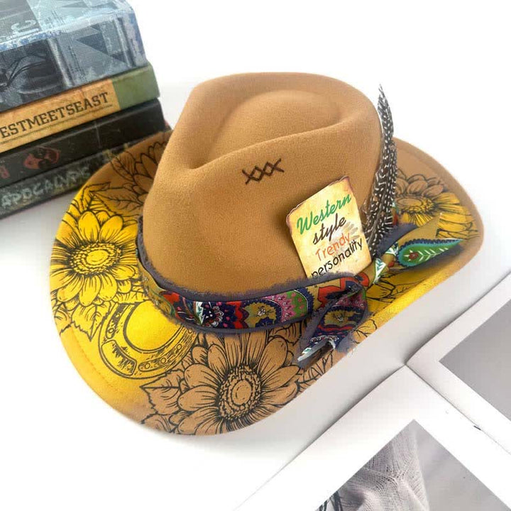 Western-Cowboyhut mit Sonnenblumen-Feder-Dekor, besprüht