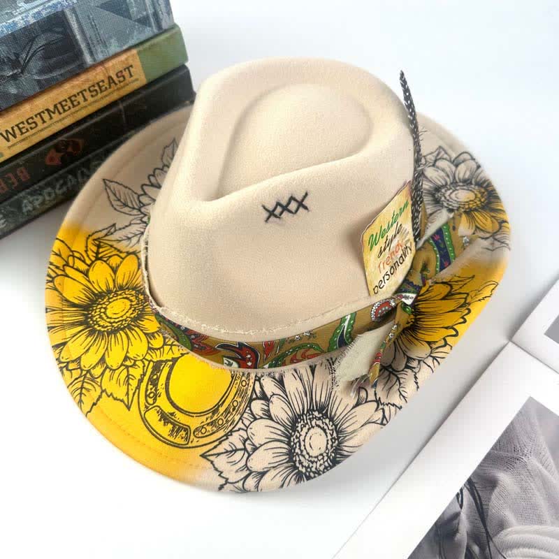 Western-Cowboyhut mit Sonnenblumen-Feder-Dekor, besprüht - Elfenbein - M (22"-22 7/8") - image 5