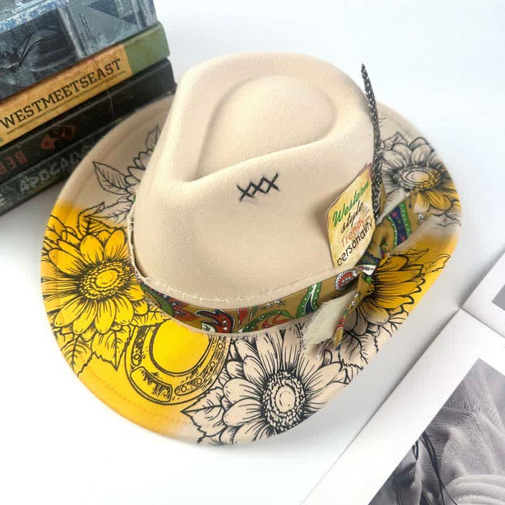 Western-Cowboyhut mit Sonnenblumen-Feder-Dekor, besprüht - Elfenbein - M (22"-22 7/8") - image 5